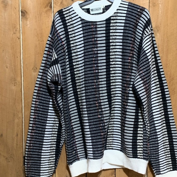 Black and White Striped Men's Sweater Megalos XLT Vintage - Picture 11 of 15